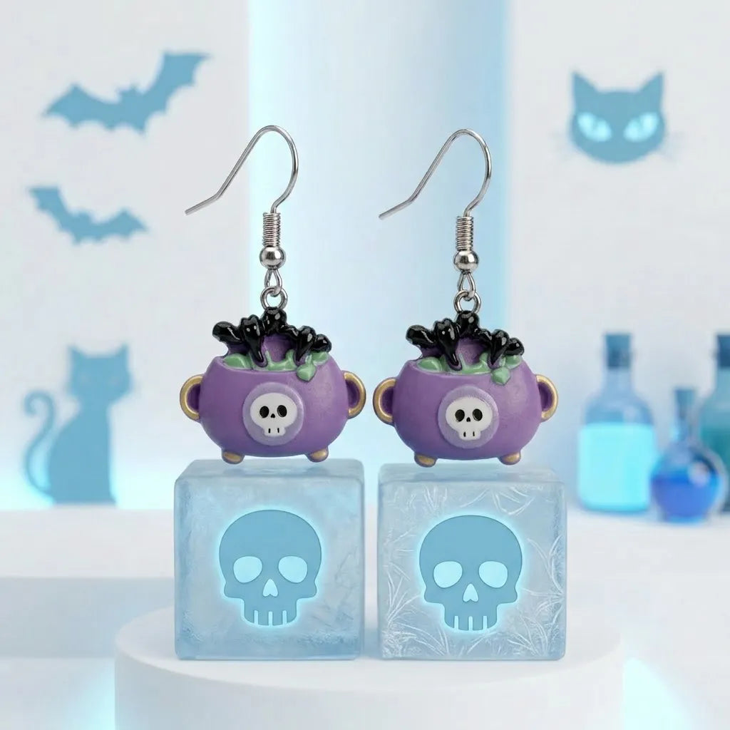 Purple Cauldron Earrings Fun Halloween Jewelry 