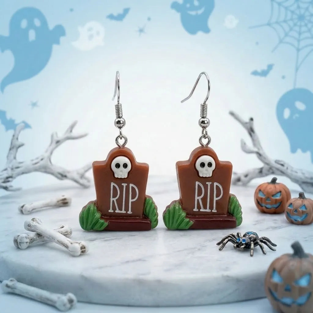 RIP Tombstone Earrings Spooky Halloween Jewelry 
