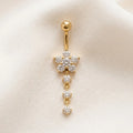 Flower CZ Gold Belly Button Ring with Sparkling Dangle Accents