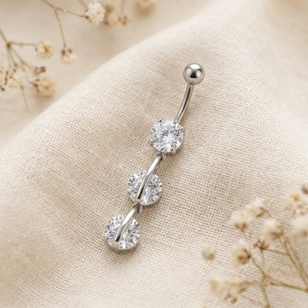 Three Stone Silver Belly Button Ring with Sparkling CZ Crystals