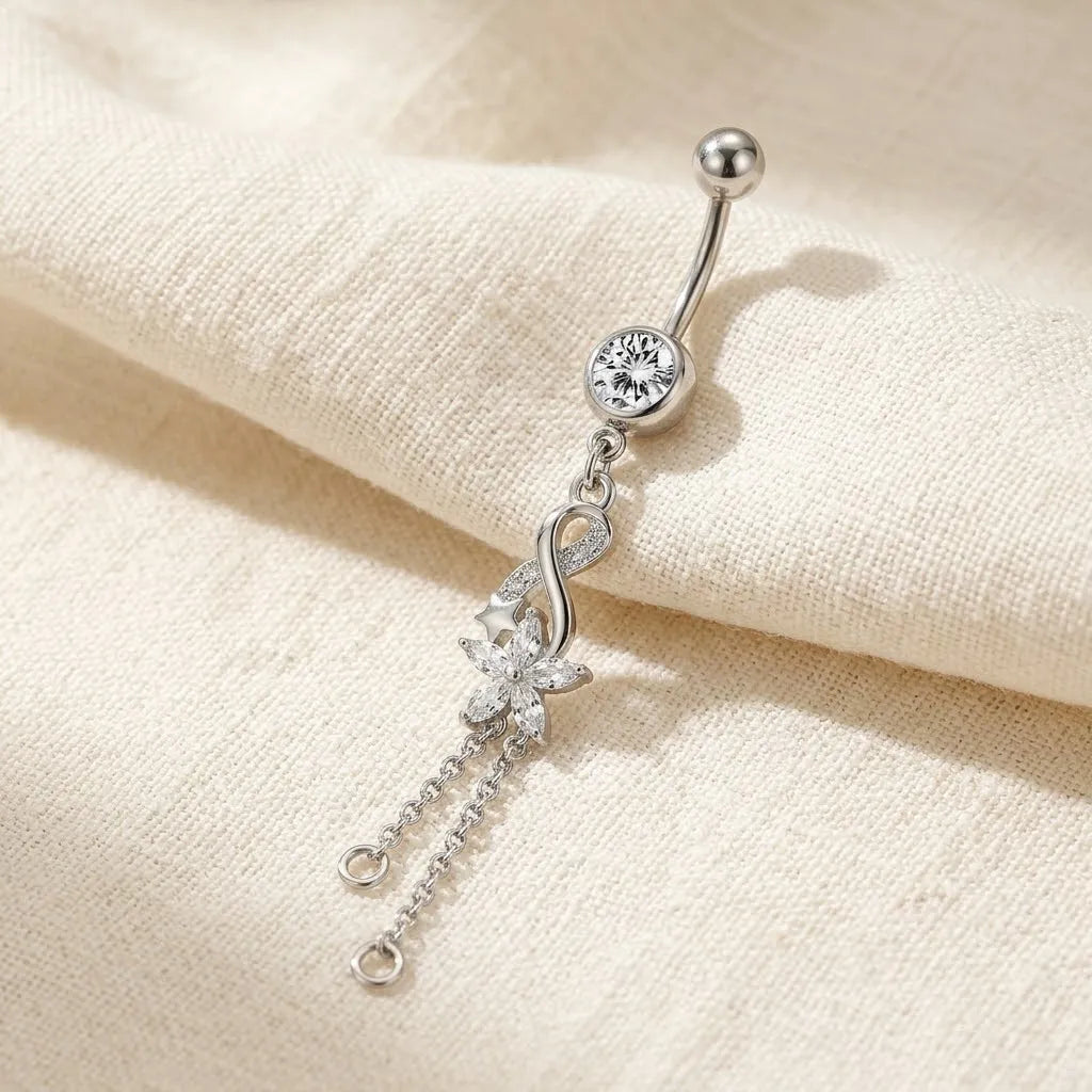 Silver Star Belly Button Ring with CZ Crystals and Dangle Chains