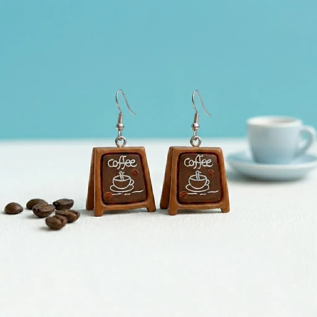 Coffee Shop Sign Dangle Earrings Fun Cafe Lover Jewelry