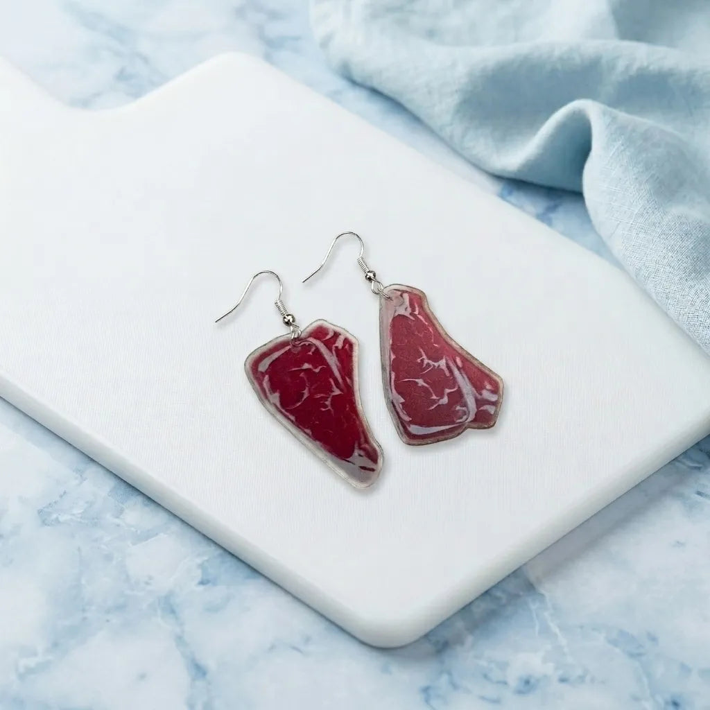 Beef Steak Dangle Earrings for Fun Food Jewelry Fans