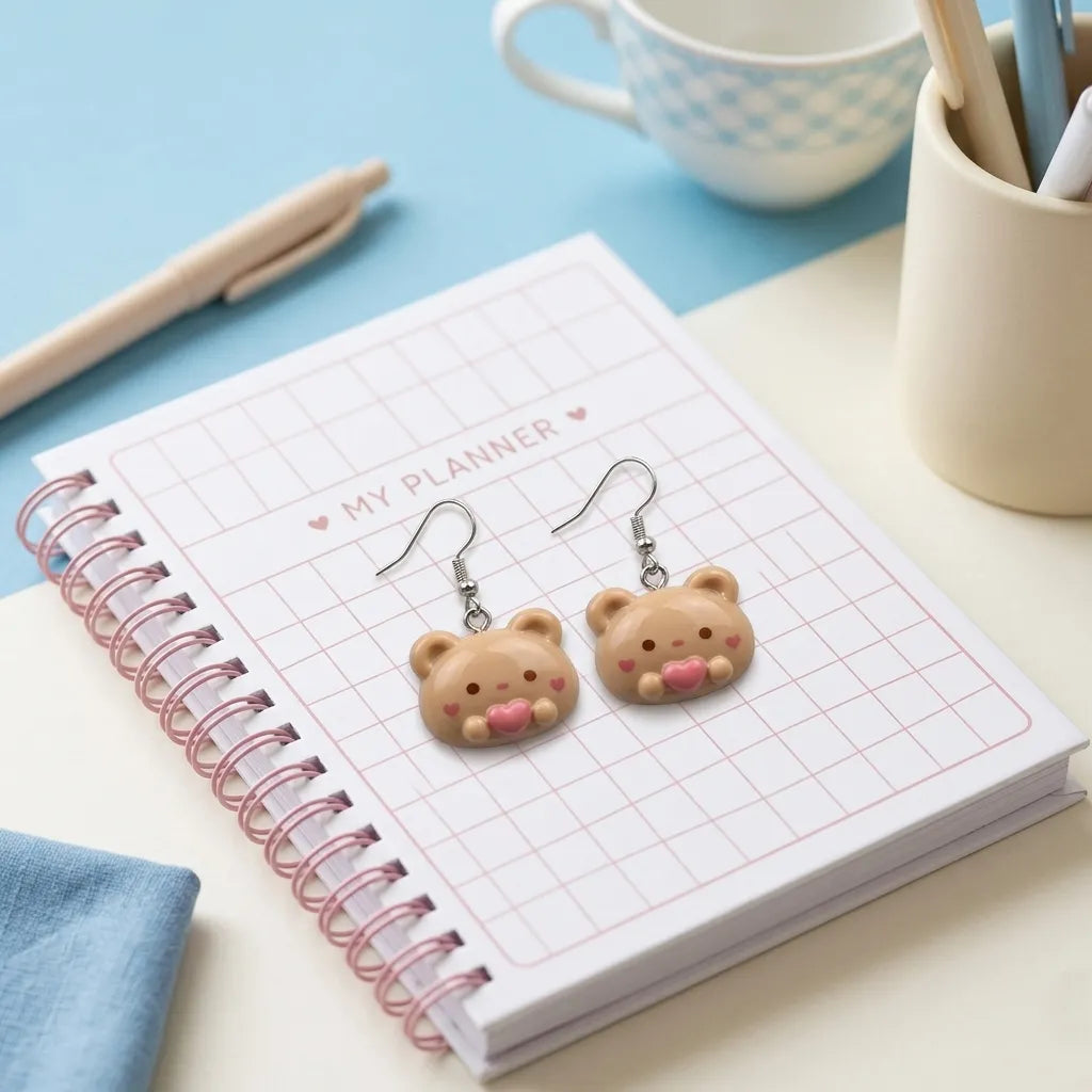 Adorable Teddy Bear Heart Earrings Novelty