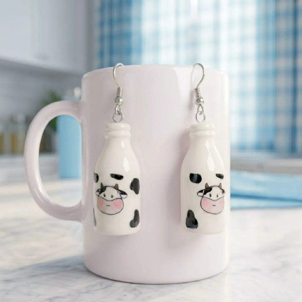 Cute Cow Milk Bottle Earrings Novelty Jewelry