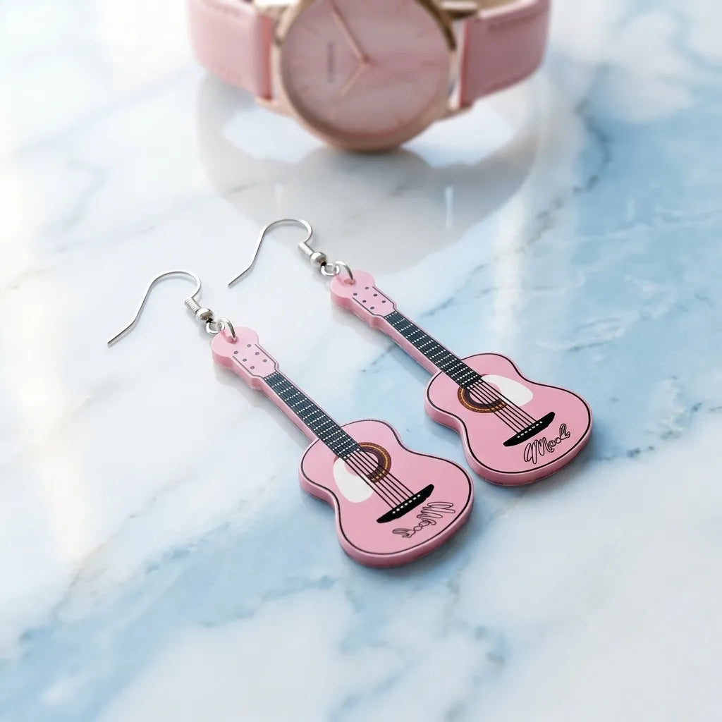 Pink Guitar Dangle Earrings for Music Lovers and Fans