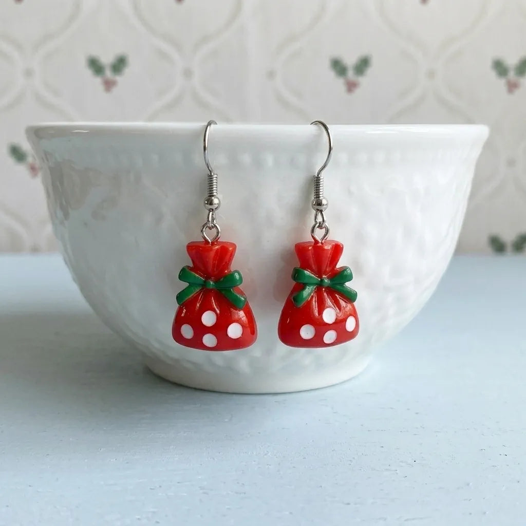 Red Gift Bag Drop Earrings with Cute Polka Dot Design