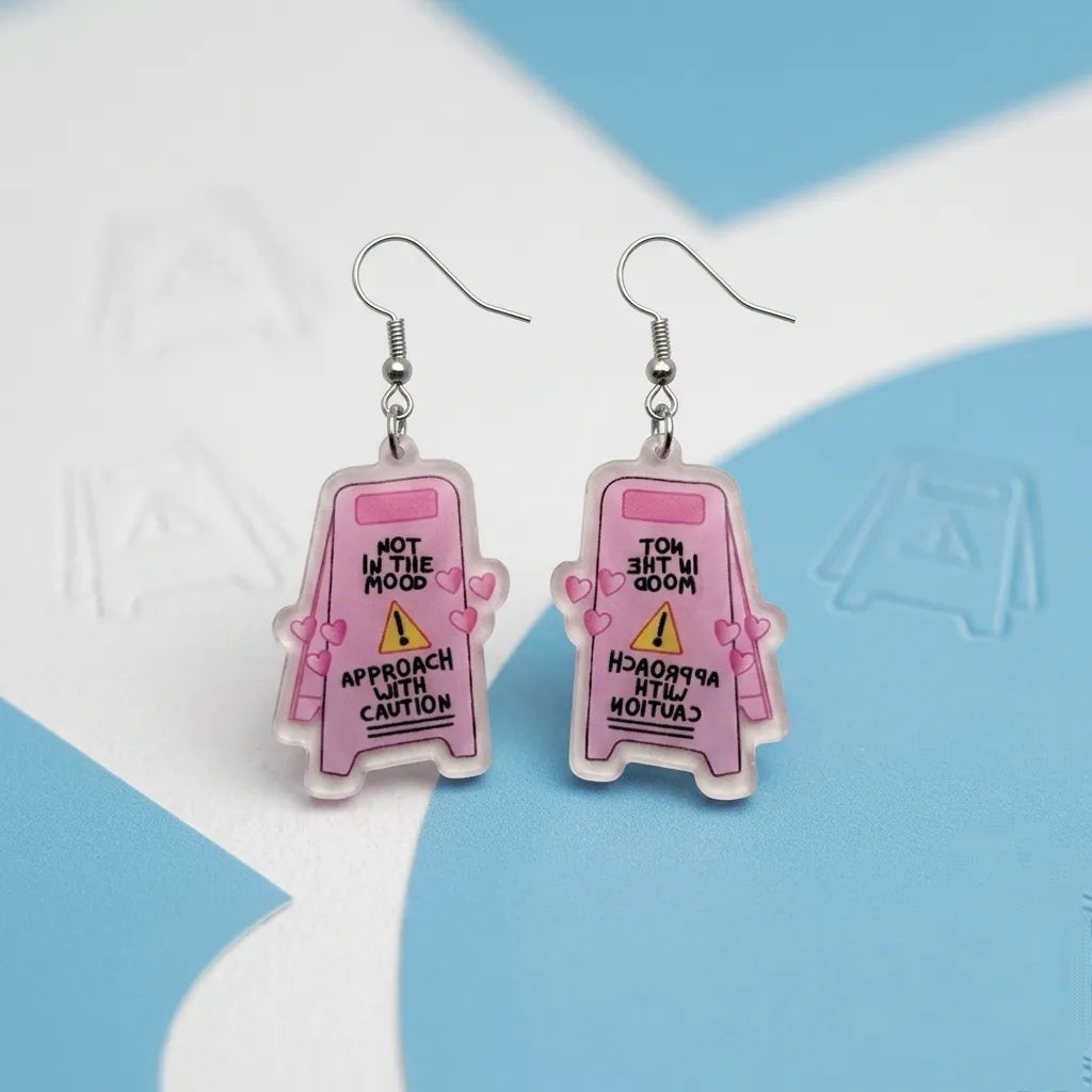 Funny Pink "Not in the Mood" Caution Sign Earrings