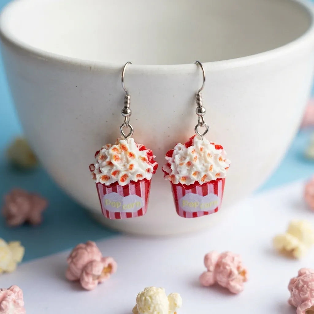 Popcorn Bucket Drop Earrings with Cute Movie Snack Design