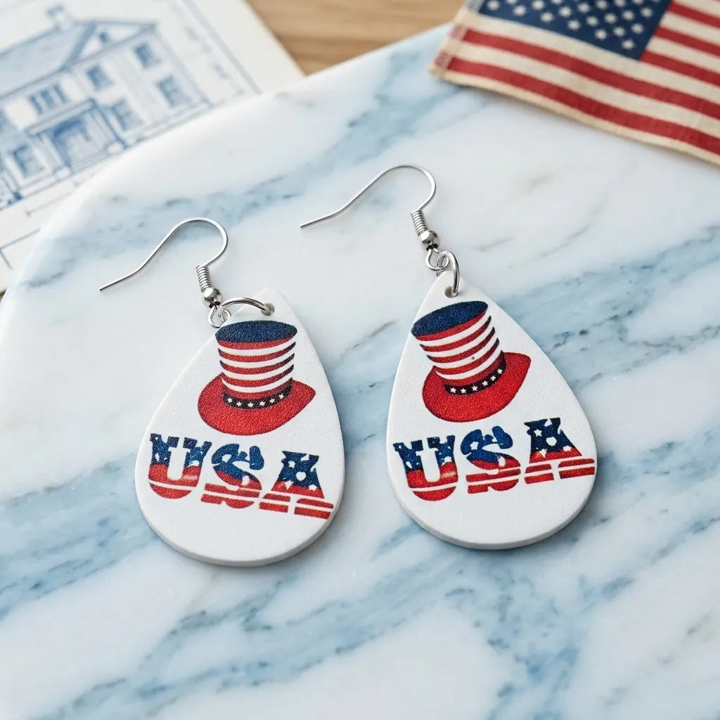 USA Patriotic Teardrop Earrings with Uncle Sam Hat Design