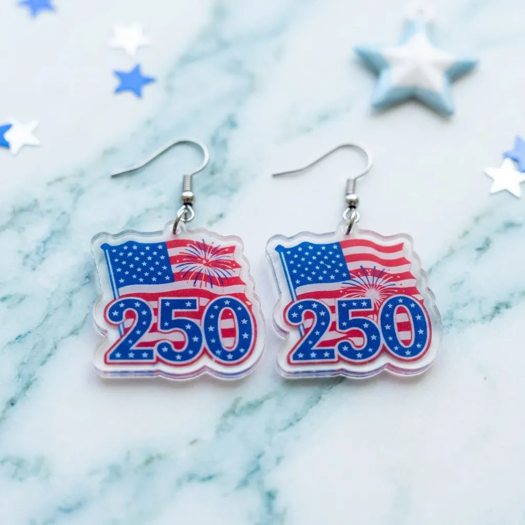 250th of July Patriotic Drop Earrings with Flag Design