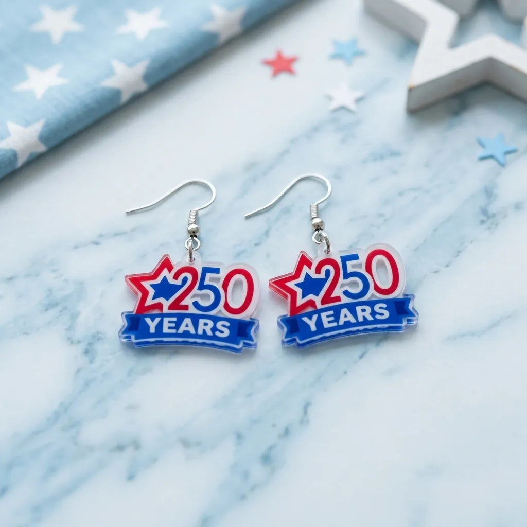 USA 250 Years Drop Earrings Patriotic Celebration Design