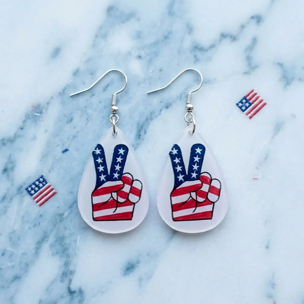 American Flag Peace Sign Drop Earrings Patriotic Design
