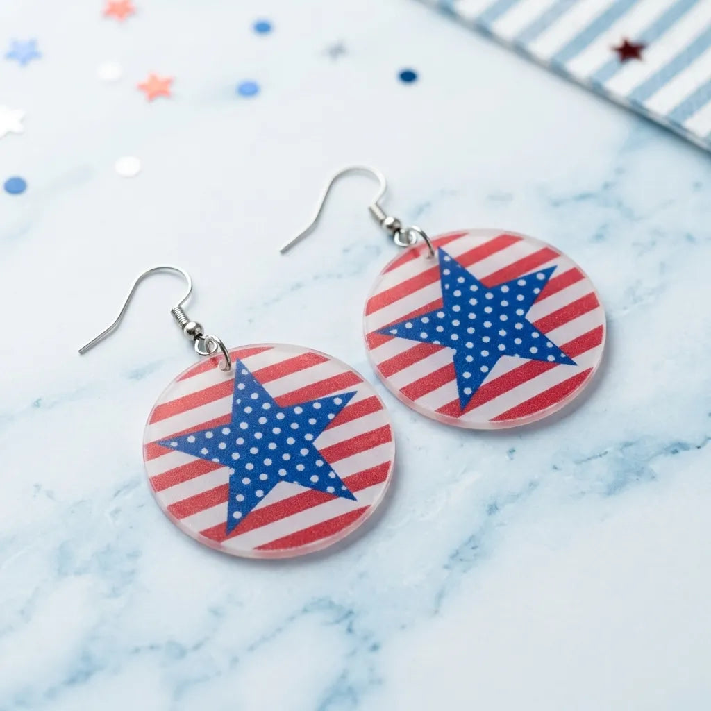 Patriotic Star Circle Dangle Earrings for July Fourth Style