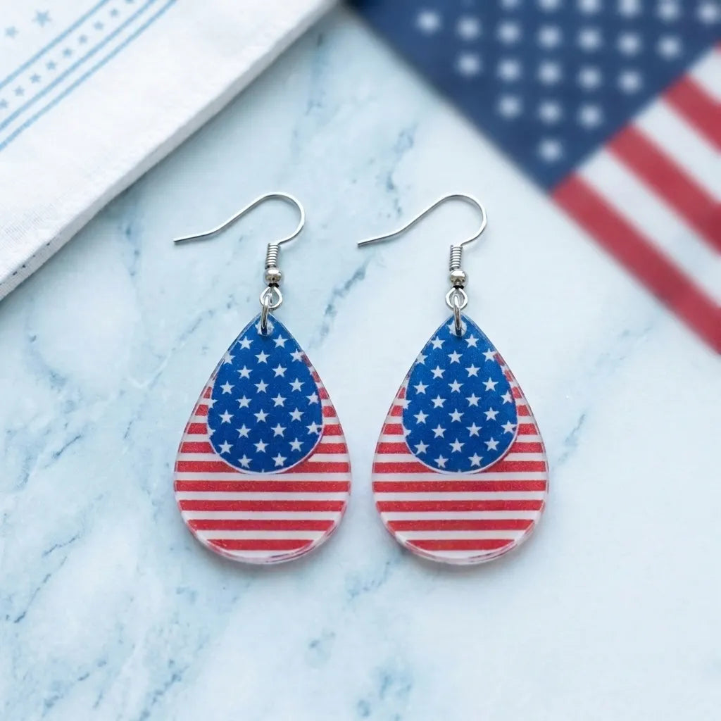 American Flag Teardrop Dangle Earrings Patriotic Style