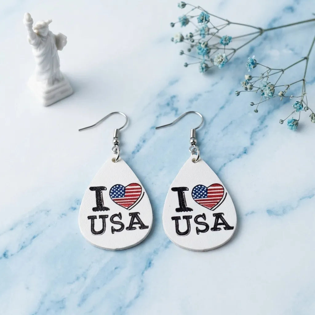 I Love USA Teardrop Dangle Earrings Patriotic Style Fun