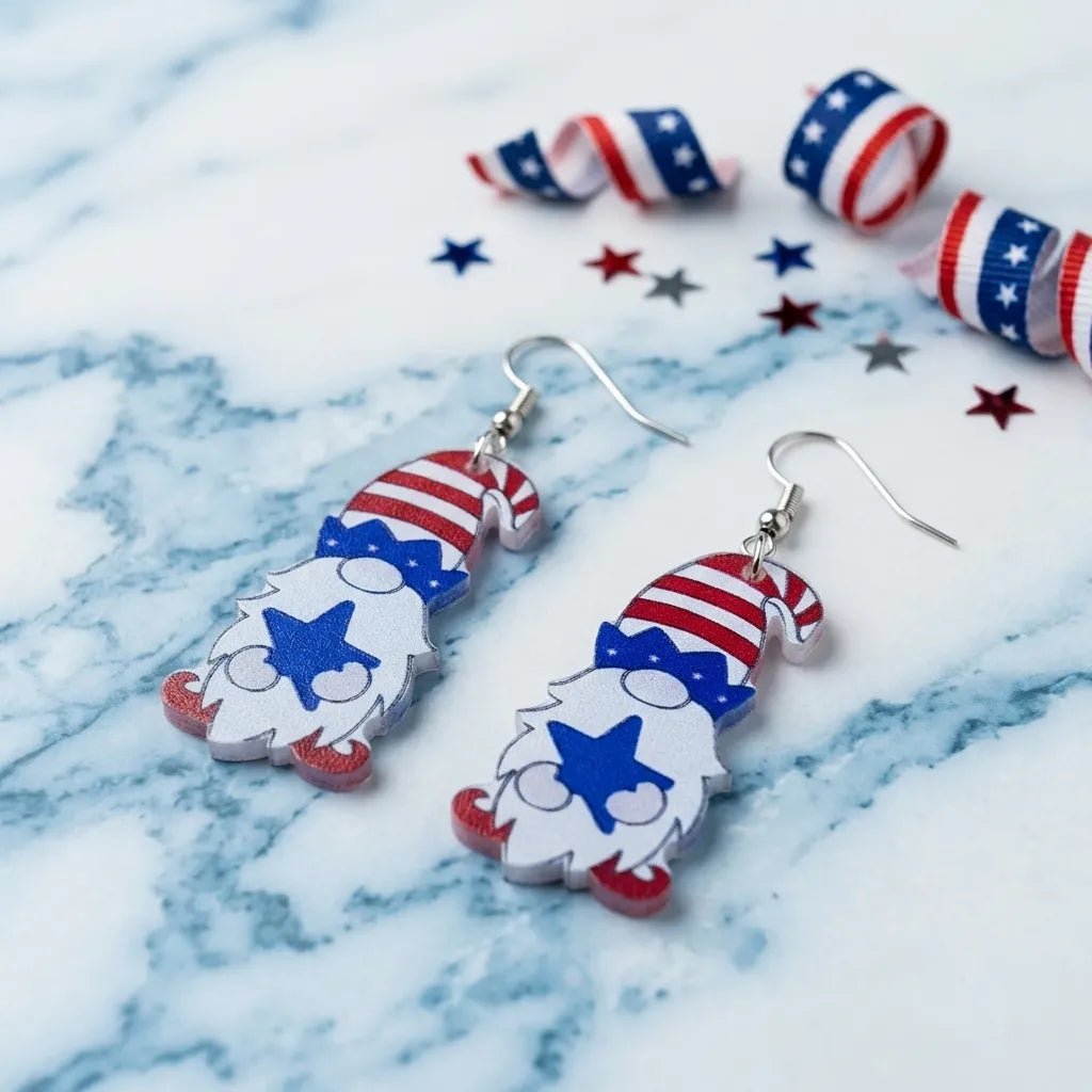Cute Patriotic Star Gnome Earrings Red White Blue