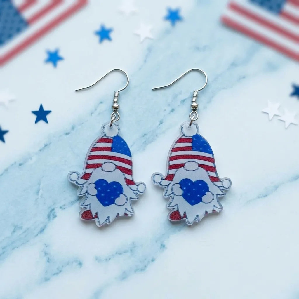 Cute Patriotic American Flag Gnome Earrings