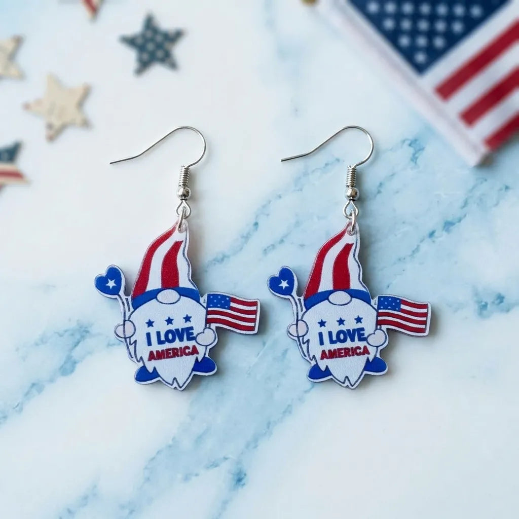 Cute I Love America Gnome Earrings Patriotic