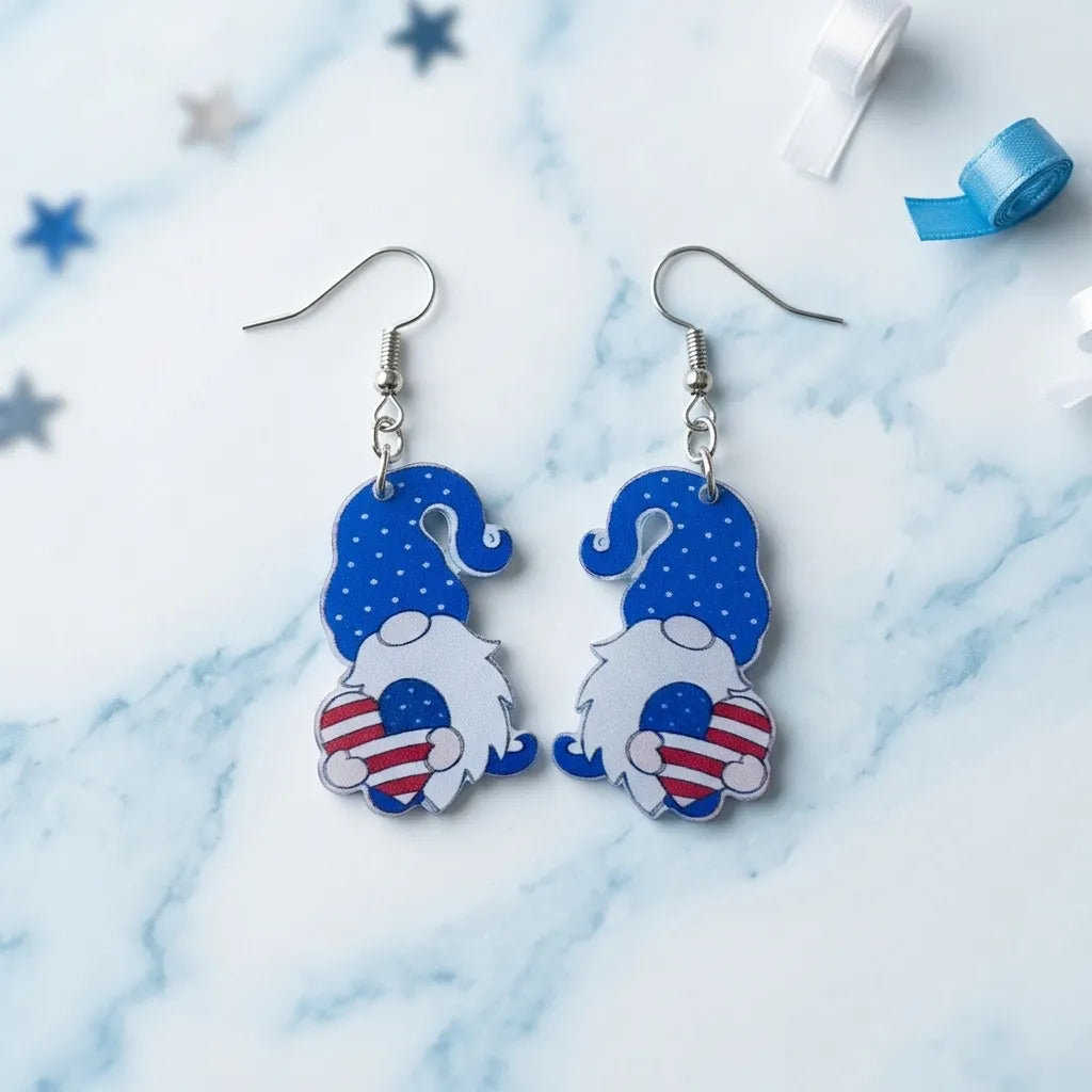 Cute American Patriotic Gnome Heart Earrings