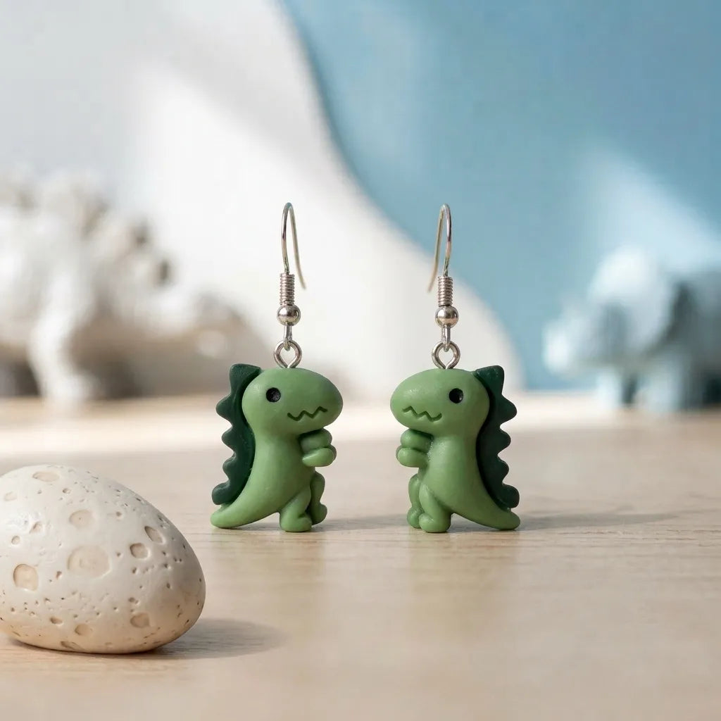 Green Cute Dinosaur Earrings Fun Animal Jewelry 