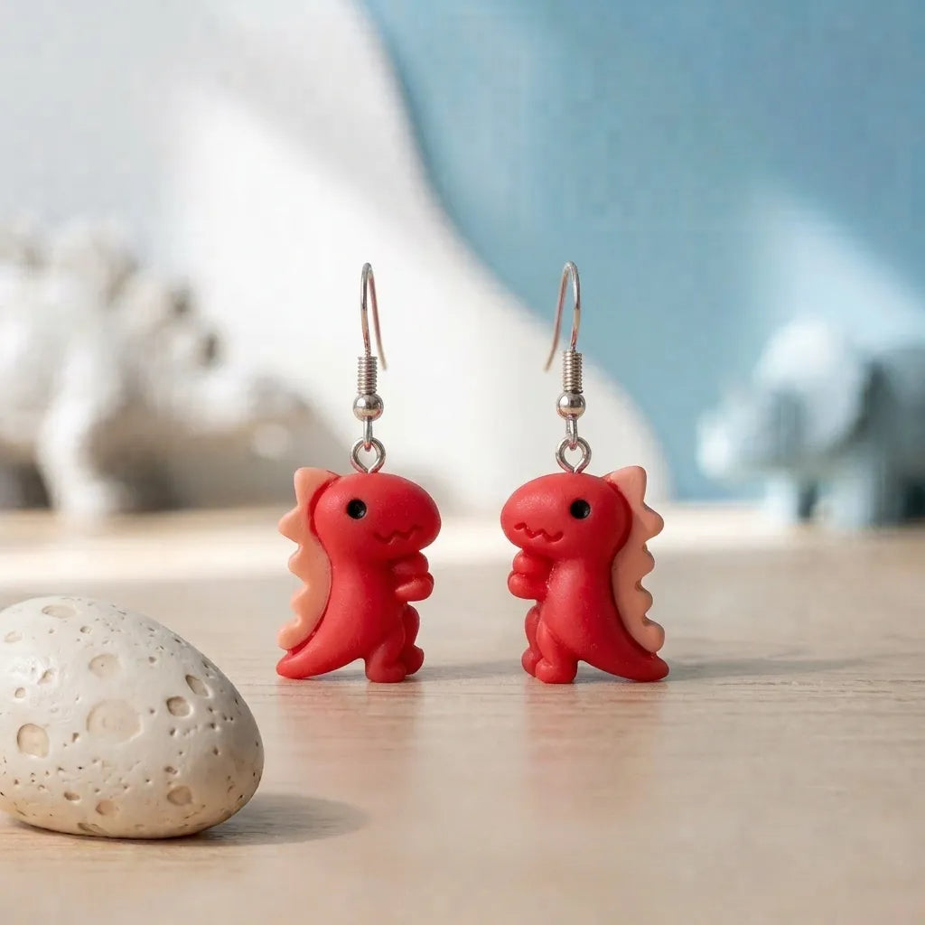 Red Cute Dinosaur Earrings Fun Animal Jewelry 