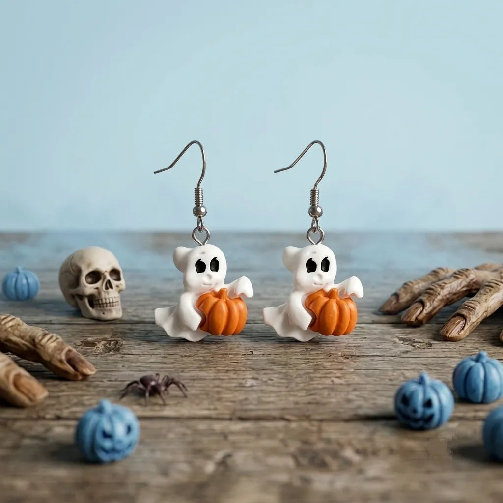 Ghost Holding Pumpkin Earrings Halloween Jewelry
