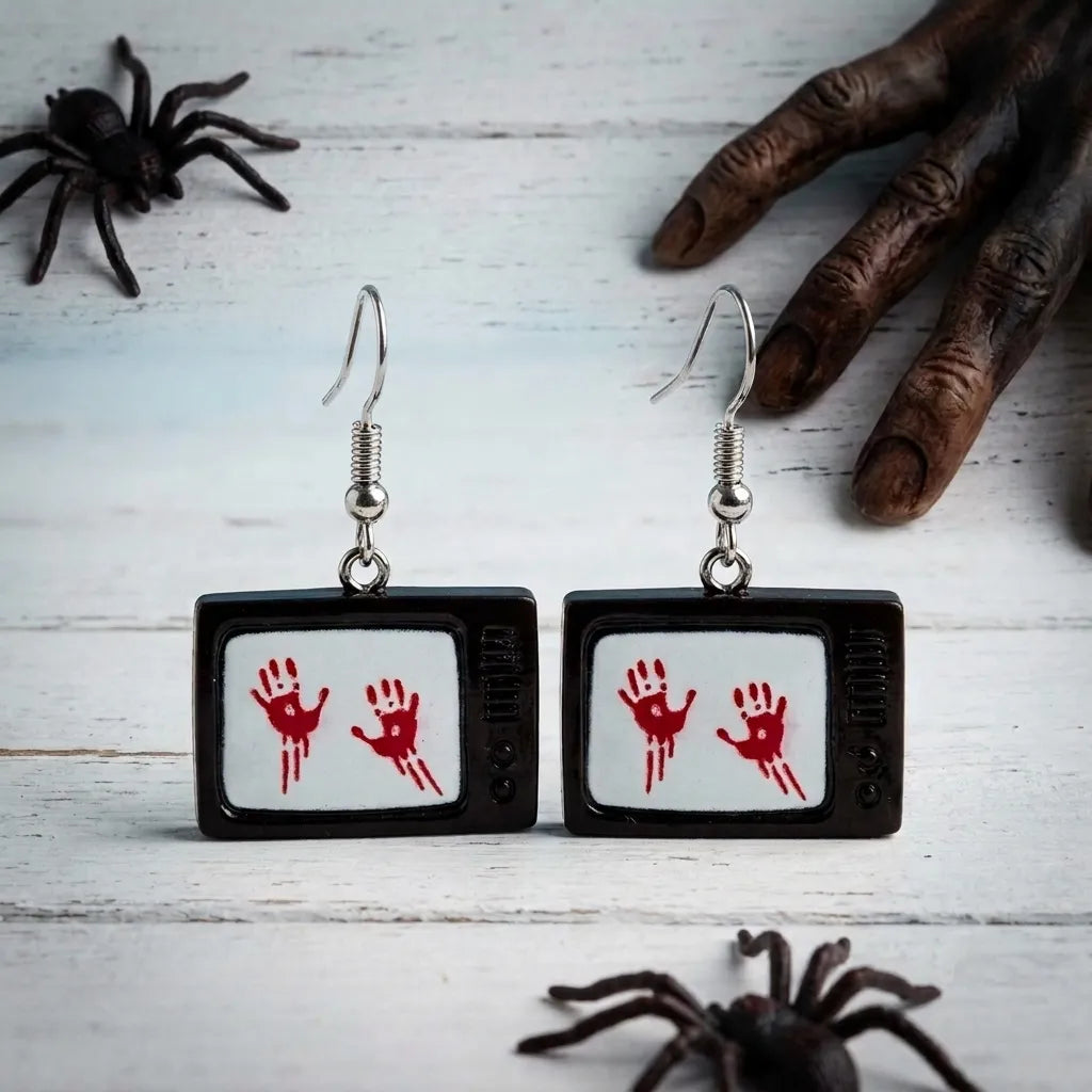 Bloody Hand TV Earrings Spooky Halloween Jewelry 
