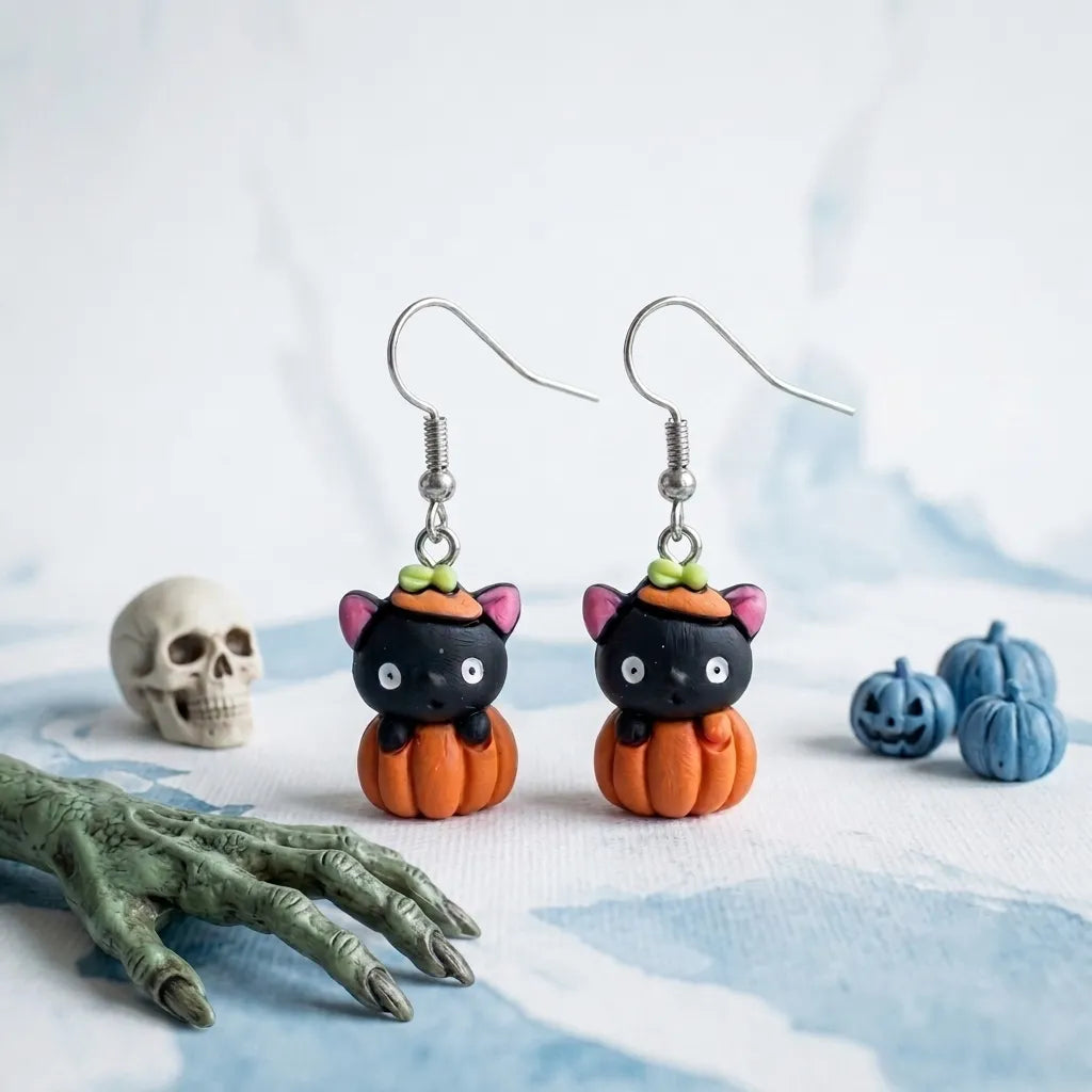 Black Cat Pumpkin Earrings Fun Halloween Jewelry 
