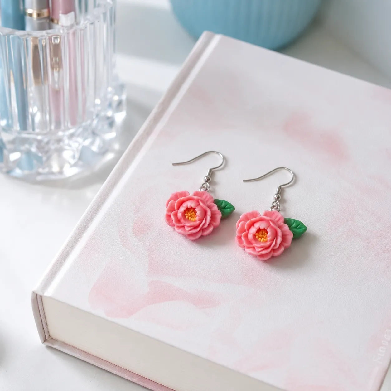 Pink Rose Flower Drop Earrings for Sweet Everyday Looks