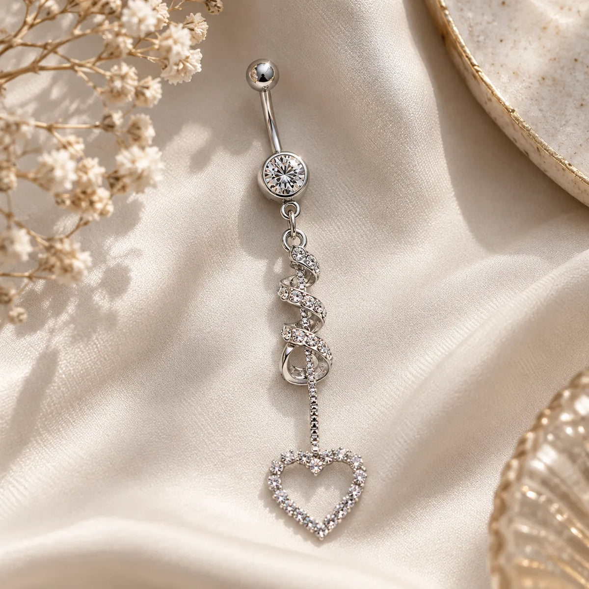 CZ Heart Dangle Spiral Stainless Steel Belly Button Ring Silver