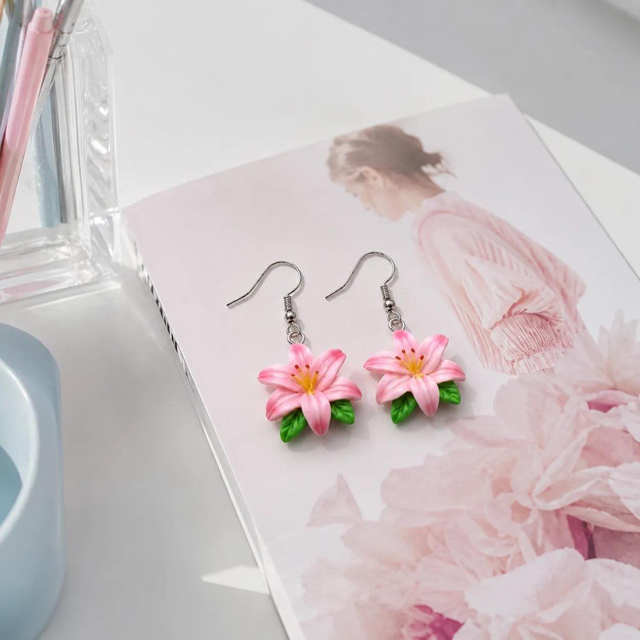 Pink Lily Flower Drop Earrings for Cute Everyday Style