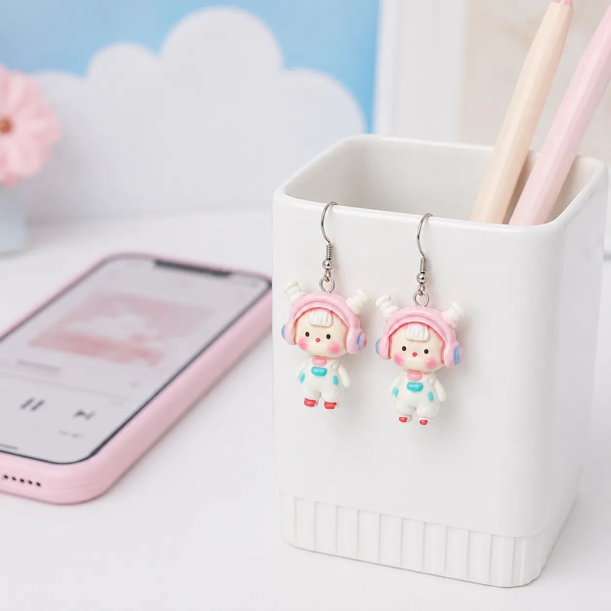 Cute Little Girl with Headphones Dangle Earrings for Teens